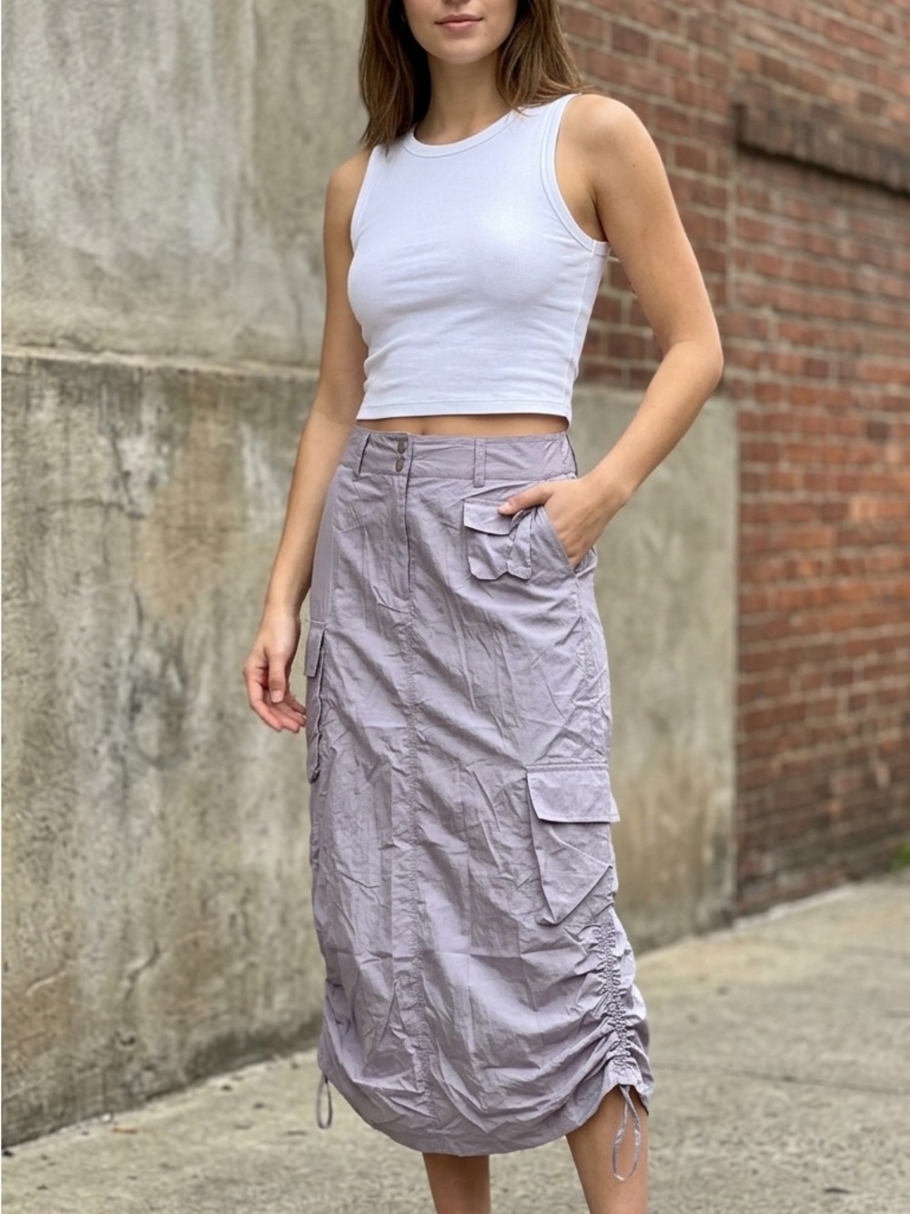 Forever 21 Cargo Parachute Midi Skirt Wisteria Ruched Hem Pockets XS NWT